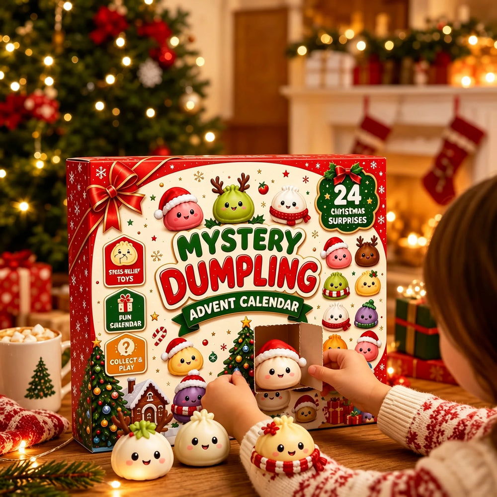 Opening a door on the squishy advent calendar by the Christmas tree